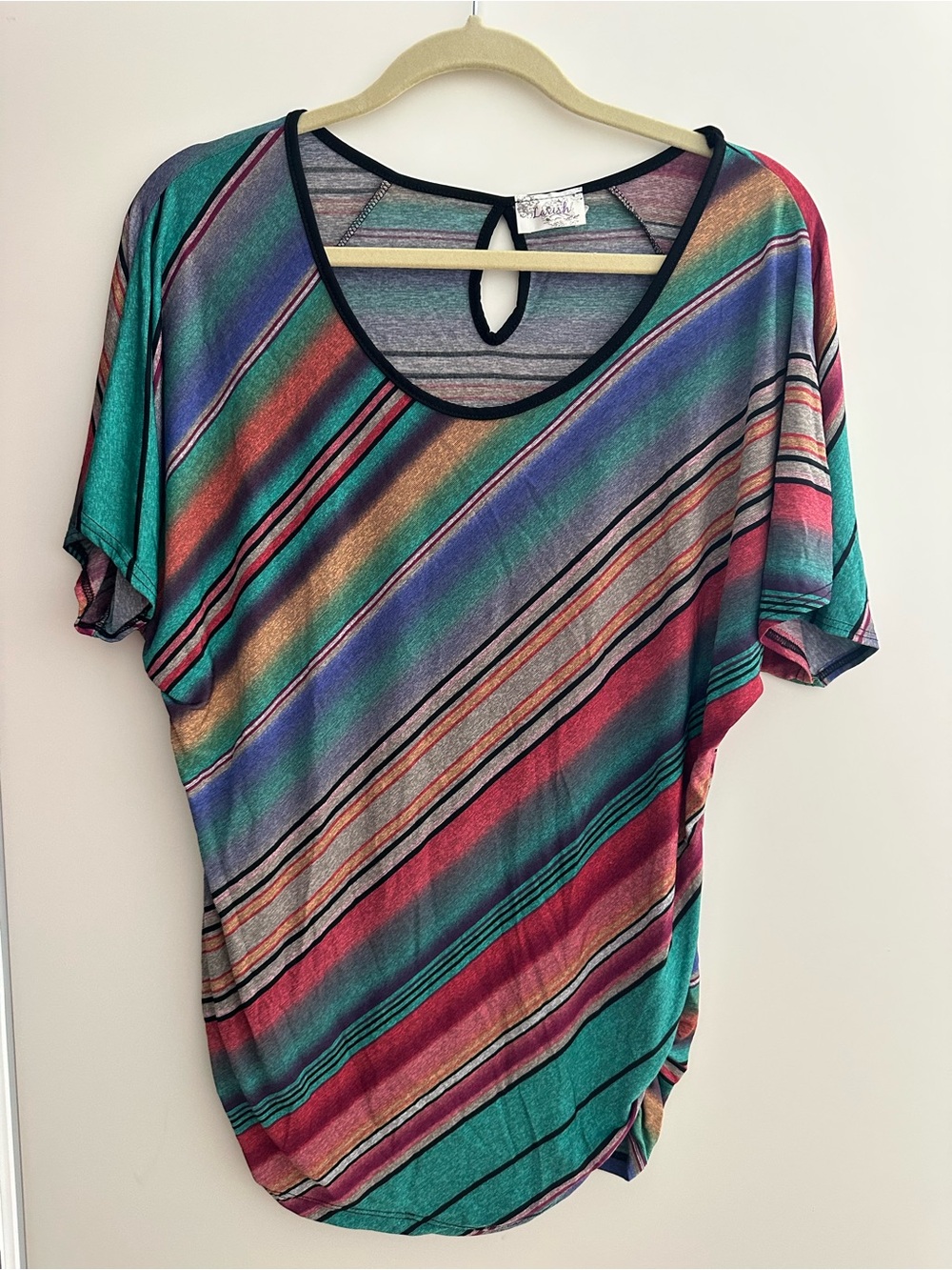 Lavish Women's Boat Neck Multicolor  Color Stripe Short Sleeve Blouse Sz L Top